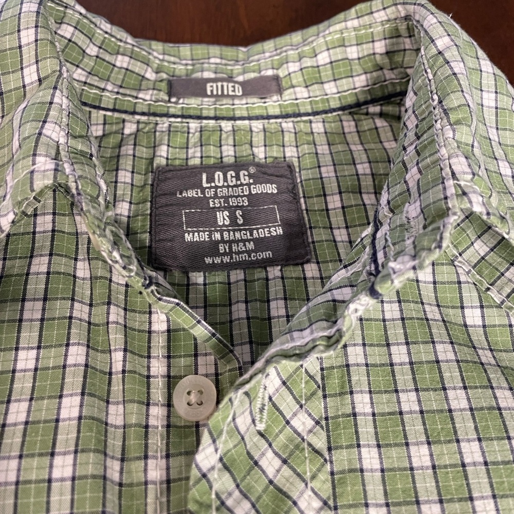 L.O.G.G. H&M Vintage Green Plaid Button-Up Shirt | 100% Cotton Fitted Small